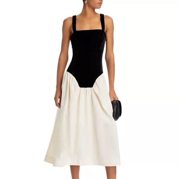 Rhode- NWT Georgina Black and Ivory Color Block Dropwaist Velvet Top Midi Dress - Picture 1 of 7